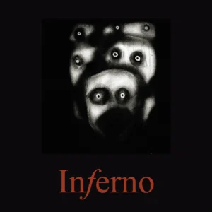 Copertina del libro Inferno di Dante Alighieri, edizione integrale Postcart con fotografie di Roger Ballen. Design editoriale elegante con titolo in rilievo.